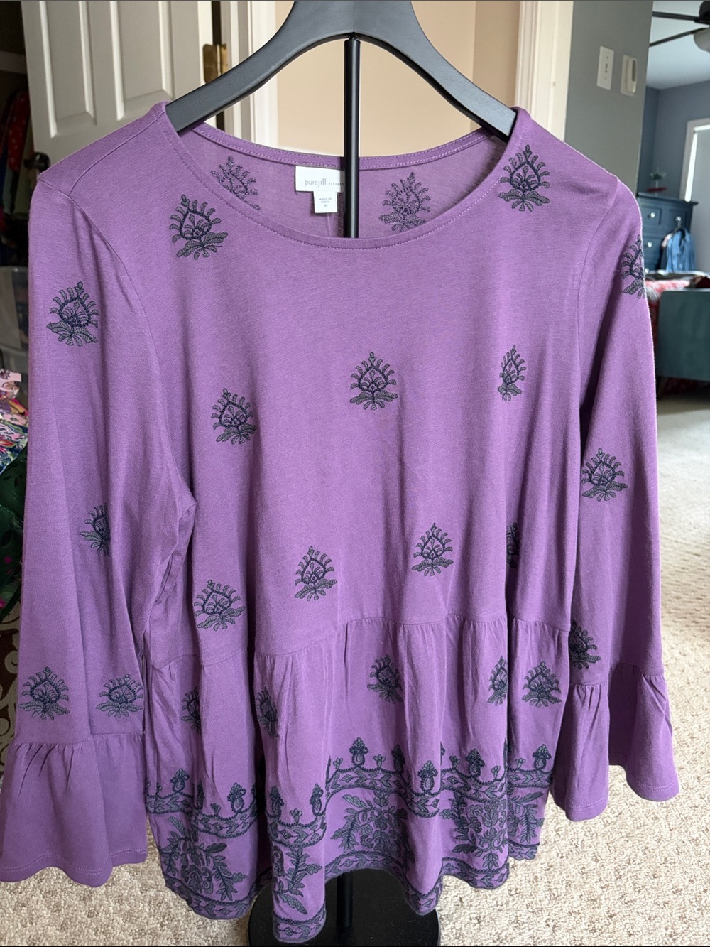 J. Jill Purple Embroidered Peplum Long-Sleeve Top